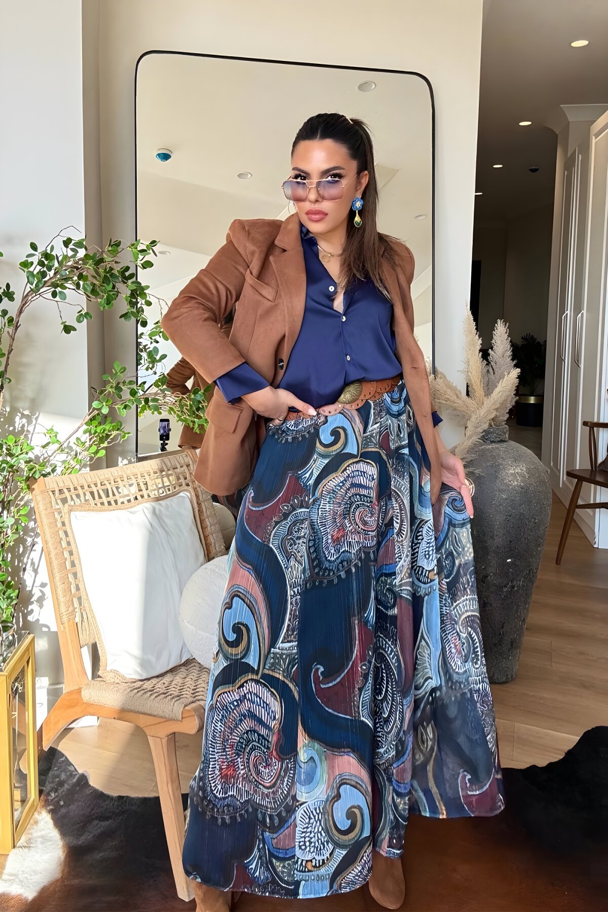 Renkli Şal Desen Uzun Simli Şifon Etek