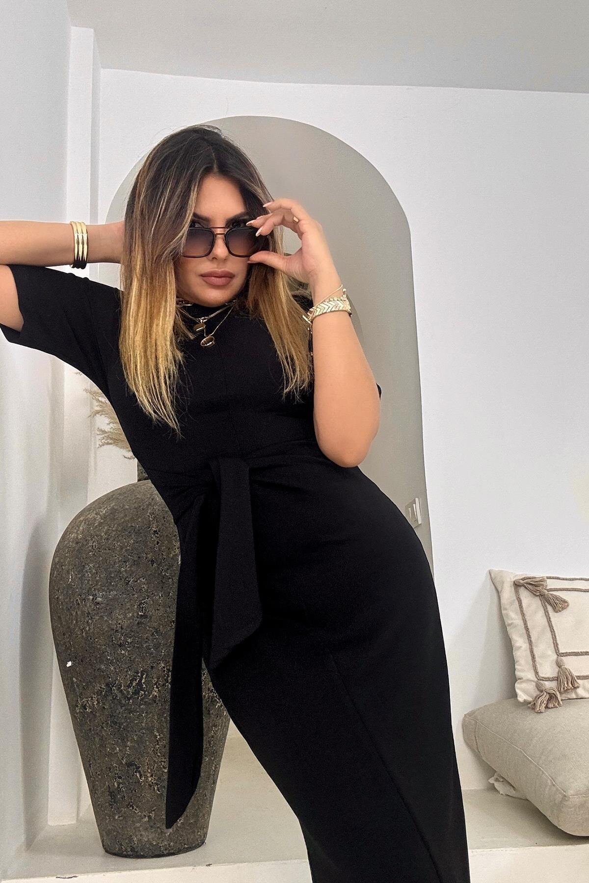 فستان ميدي أسود مودال بتفاصيل ربط - Sohotique By P