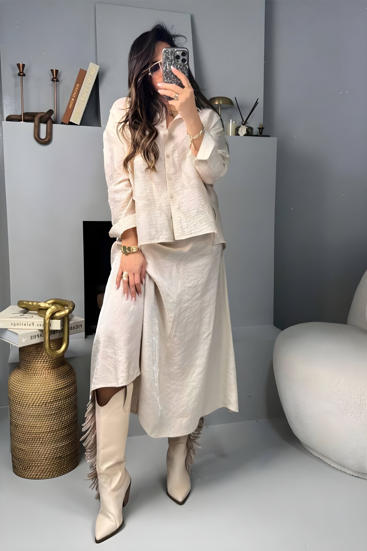 Taş Uzun Kloş Buruşuk Viskon Etek