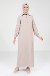 Bej Fermuarlı Tesettür Elbise
