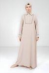 Bej Nervür Detaylı Tesettür Elbise