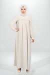 Bej Robadan Kesim Manşeti Düğmeli Tesettür Elbise