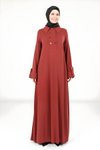 Bordo Tesettür Yakalı Düğme Detaylı Elbise