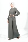 Haki Bisiklet Yaka Cebi Taşlı Seyyar İp Kemerli Tesettür Elbise