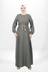 Haki Bisiklet Yaka Cebi Taşlı Seyyar İp Kemerli Tesettür Elbise