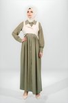 Haki Düğmeli Yelek Detaylı Tesettür Elbise