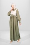 Haki Düğmeli Yelek Detaylı Tesettür Elbise