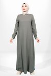 Haki Keten Bisiklet Yaka Cebi Boncuk Detaylı Tesettür Elbise