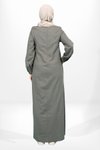 Haki Keten Bisiklet Yaka Cebi Boncuk Detaylı Tesettür Elbise