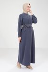 İndigo Biye Detaylı Tesettür Elbise