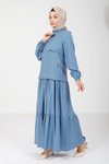 İndigo Ceket Stil Kolu Lastikli Fermuarlı Tesettür Elbise