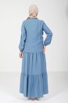 İndigo Ceket Stil Kolu Lastikli Fermuarlı Tesettür Elbise