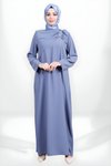 İndigo Fırfırlı Broş Detaylı Tesettür Elbise