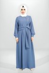İndigo Tesettür Önden Bağlama Detaylı Broşlu Elbise