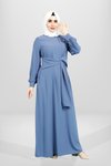 İndigo Tesettür Önden Bağlama Detaylı Broşlu Elbise