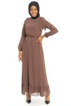 Kahve Nova Şifon Taş Detaylı Tesettür Elbise