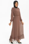 Kahve Nova Şifon Taş Detaylı Tesettür Elbise
