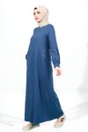 Lacivert Keten Bisiklet Yaka Cebi Boncuk Detaylı Tesettür Elbise
