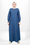 Lacivert Keten Bisiklet Yaka Cebi Boncuk Detaylı Tesettür Elbise