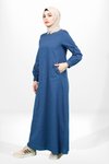 Lacivert Keten Bisiklet Yaka Cebi Boncuk Detaylı Tesettür Elbise