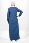 Lacivert Keten Bisiklet Yaka Cebi Boncuk Detaylı Tesettür Elbise