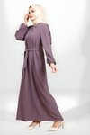 Lila Tesettür Kuşaklı Pilikaşe Kol Detaylı Elbise