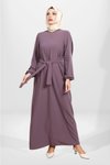 Lila Tesettür Kuşaklı Pilikaşe Kol Detaylı Elbise