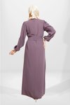 Lila Tesettür Kuşaklı Pilikaşe Kol Detaylı Elbise