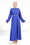 Saks Mavi Taş Kemer Detaylı Tesettür Elbise