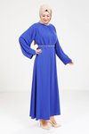 Saks Mavi Taş Kemer Detaylı Tesettür Elbise
