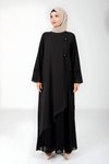 Siyah Çiçek Detaylı Eteği Pliseli Tesettür Elbise