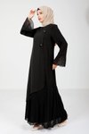 Siyah Çiçek Detaylı Eteği Pliseli Tesettür Elbise