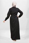 Siyah Çizgili Kışlık Kuşaklı Tesettür Elbise