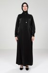 Siyah Parlak Kumaş Broşlu Tesettür Elbise