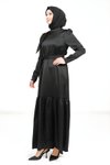 Siyah Saten Kuşaklı Omuz Detaylı Tesettür Abiye Elbise