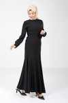 Siyah Uzun Gül Detaylı Tesettür Elbise
