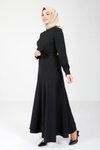 Siyah Uzun Gül Detaylı Tesettür Elbise