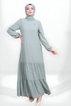 Yeşil Eteği Fırfırlı Kolu Lastikli Tesettür Elbise