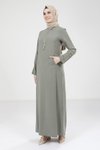 Yeşil Kolu Fermuar Detaylı Tesettür Elbise
