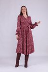 Açık Bordo Çiçek Desenli Midi Uzun Kol Kadife Kruvaze Yaka Elbise