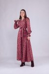 Açık Bordo Çiçek Desenli Uzun Kol Kadife Kruvaze Yaka Elbise