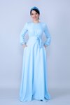 Bebe Mavi Uzun Kollu Beli Büzgülü Kuşaklı Tesettür Abiye Elbise