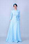 Bebe Mavi Uzun Kollu Beli Büzgülü Kuşaklı Tesettür Abiye Elbise