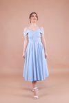 Bebe Mavisi Midi Pileli Askılı Düşük Omuz Abiye Elbise