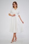 Beyaz Midi Kısa Kol Kruvaze Yaka Büzgülü Kolları Lastikli Kuşaklı Elbise