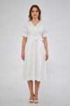 Beyaz Midi Kısa Kol Kruvaze Yaka Büzgülü Kolları Lastikli Kuşaklı Elbise