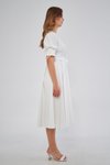 Beyaz Midi Kısa Kol Kruvaze Yaka Büzgülü Kolları Lastikli Kuşaklı Elbise