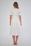 Beyaz Midi Kısa Kol Kruvaze Yaka Büzgülü Kolları Lastikli Kuşaklı Elbise