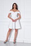 Beyaz Mini Kloş Kalp Yaka Düşük Omuz Scuba Abiye Elbise