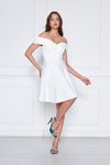 Beyaz Mini Kloş Kalp Yaka Düşük Omuz Scuba Abiye Elbise